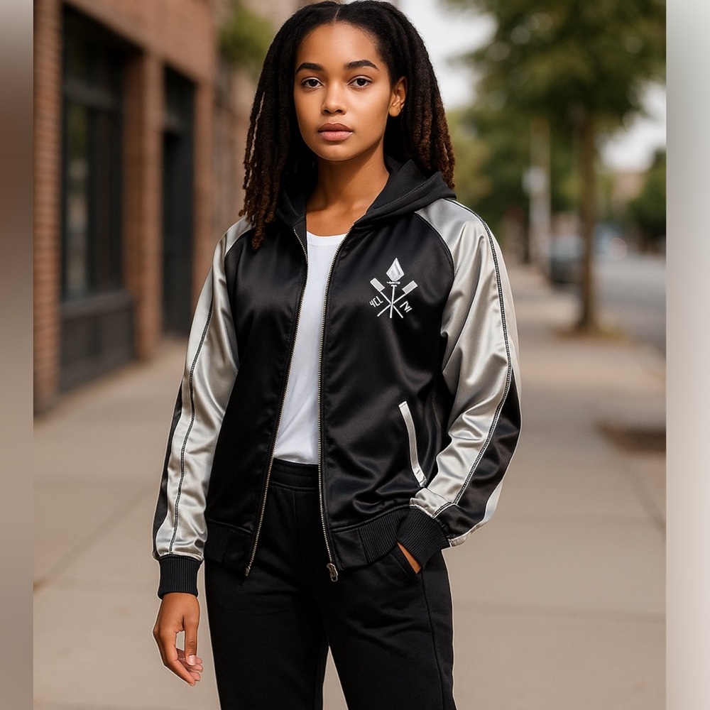 Opening Ceremony Satin Reversible Bomber Jacket Black Ivory Embroidered Logo XL